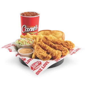 Raising Cane's The Box Combo with chicken fingers, crinkle-cut fries, Texas toast, Cane’s Sauce, and coleslaw