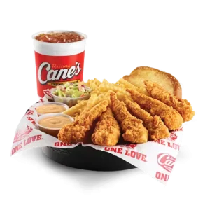 Raising Cane's The Caniac Combo with 6 chicken fingers, crinkle-cut fries, Texas toast, coleslaw, Cane’s Sauce, and large drink