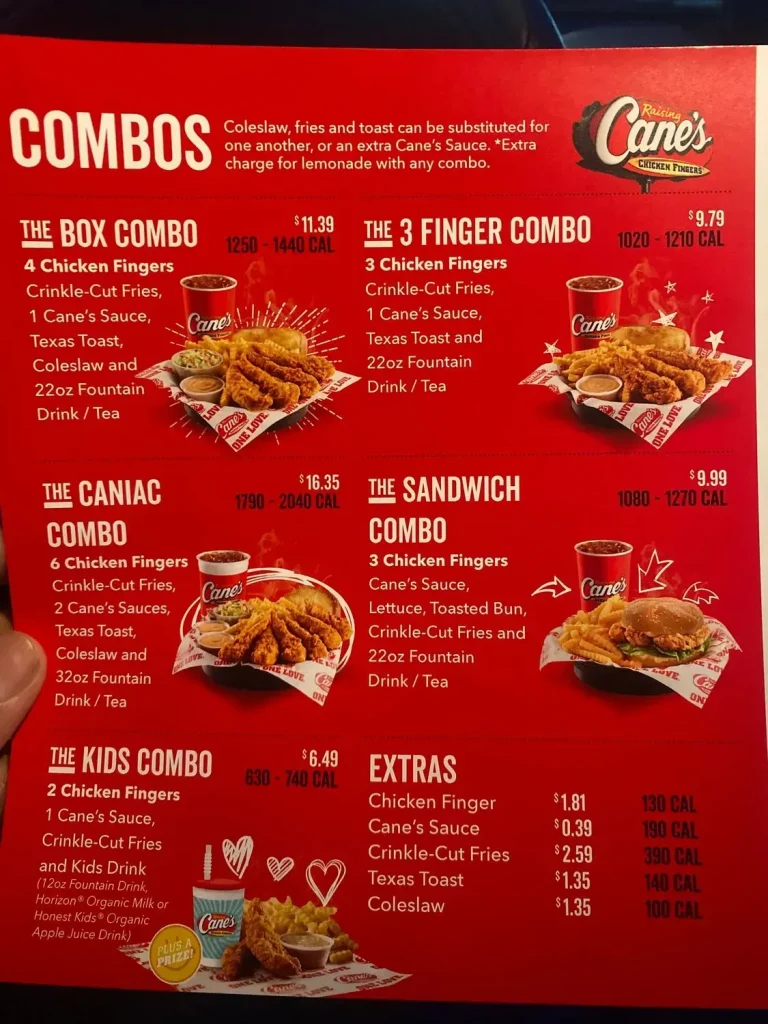 raising cane's menu with prices